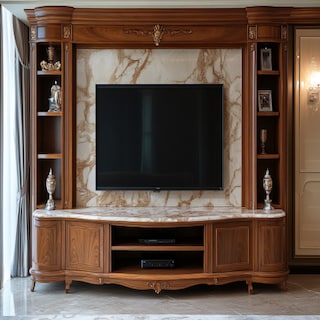 Classic Wooden TV Unit Design with Glossy Marble Back Wall