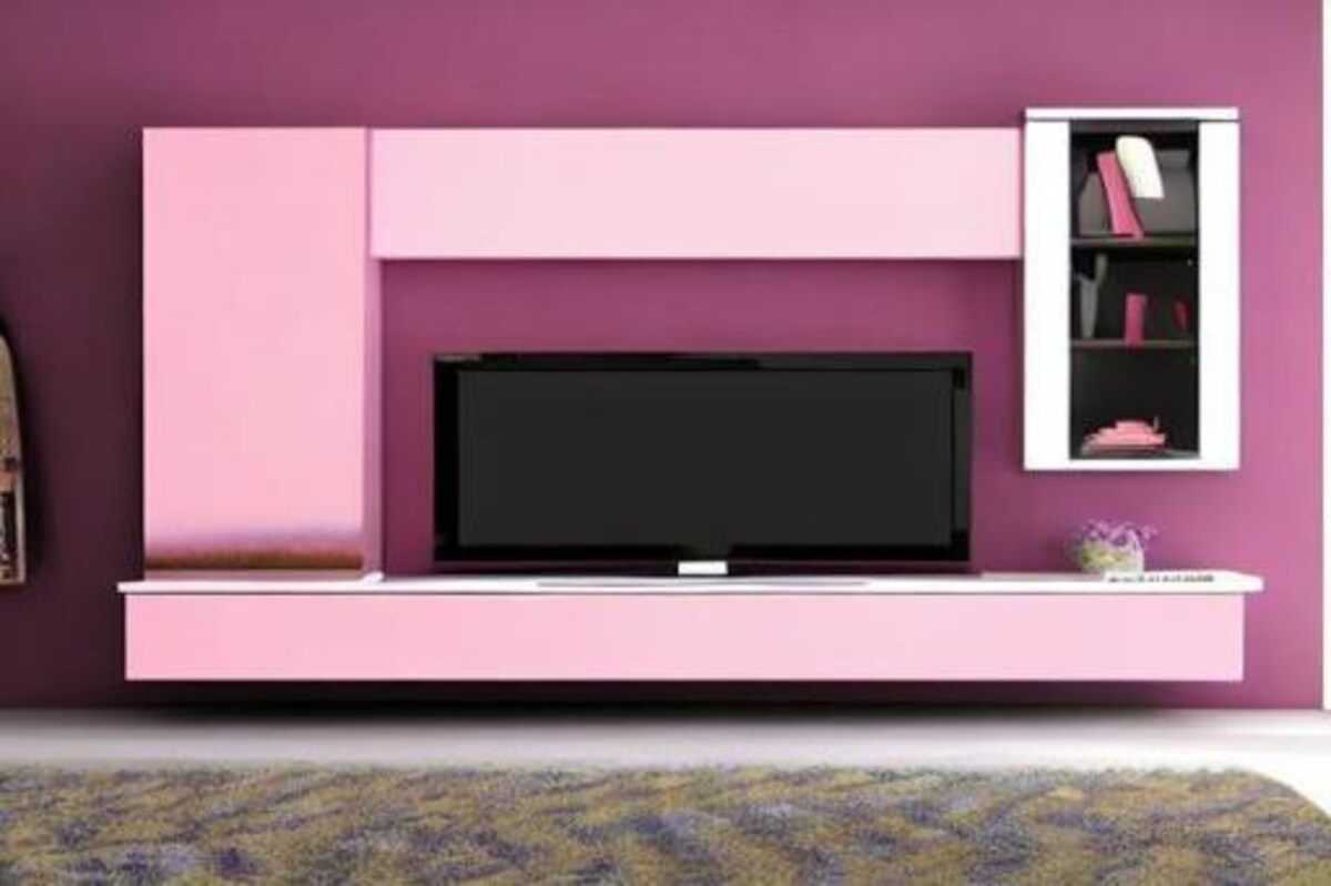 Modern TV Unit Design in Pink Laminate with Purple Wall Modern TV Unit Design in Pink Laminate with Purple Wall