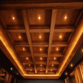 Tropical Single Layered False Ceiling Design with Wooden Finish and Spot Lights