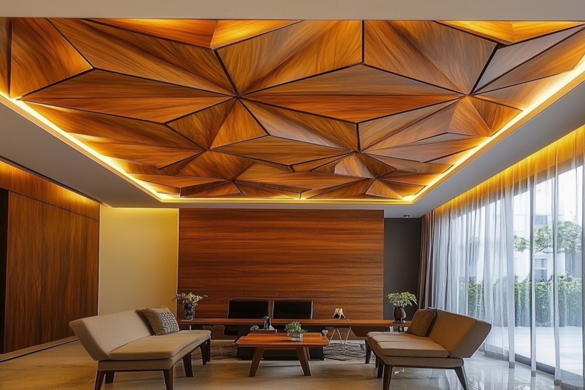 Contemporary False Ceiling Design With Triangular Wooden Panels