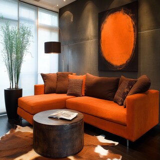 Contemporary Living Room Design With Orange Sofa And Brown Cushions