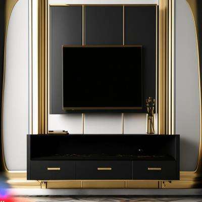 Modern TV Unit Design in Black and Gold Laminate