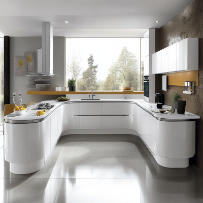 Modern All-White Glossy Modular U-Shaped Kitchen Design