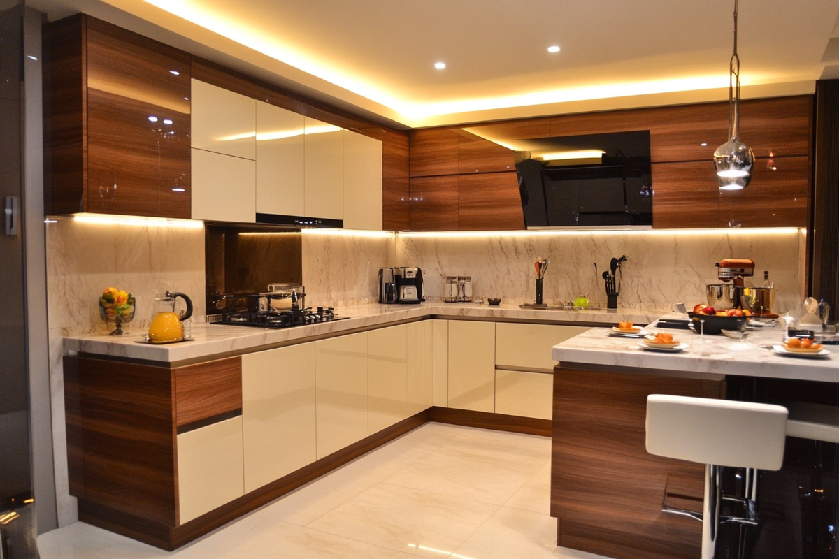 Modern Space-Saving L-Shaped Kitchen With Marble Countertop