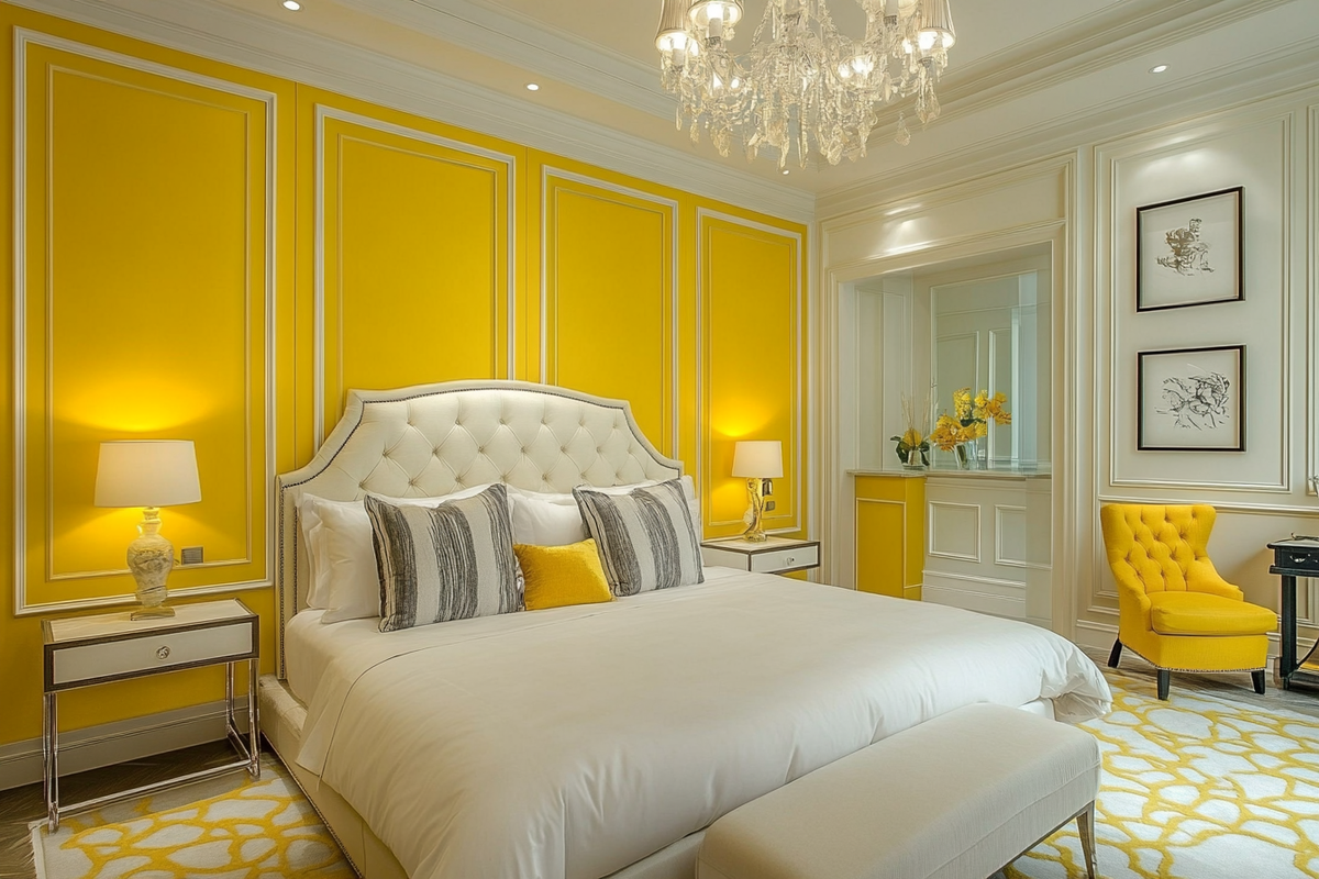 Classic Master Bedroom Design With Vibrant Yellow Accent Wall And Wall Trims