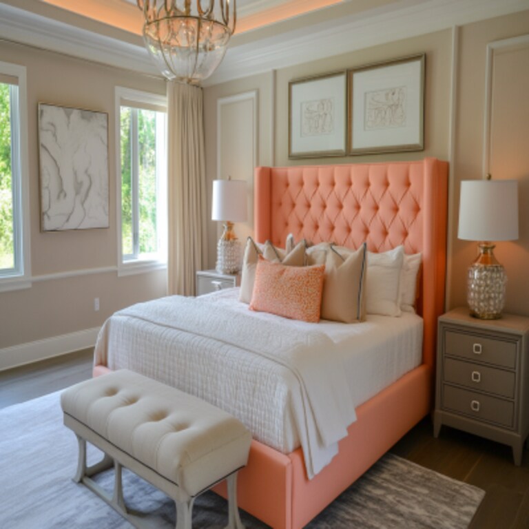 Minimal Master Bedroom Design With Peach Headboard