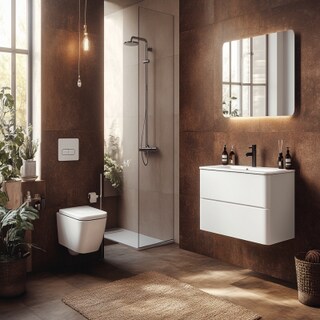 Modern Small Bathroom Design With Brown Bathroom Tiles And White Bathroom Cabinet Storage