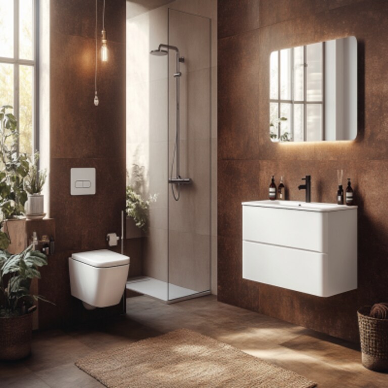 Modern Small Bathroom Design With Brown Bathroom Tiles And White Bathroom Cabinet Storage