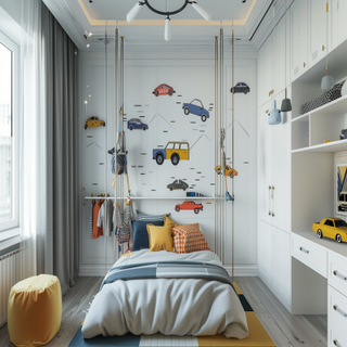 Modern Boys Room Design With Car-Themed Wallpaper And White 4-door Swing Wardrobe