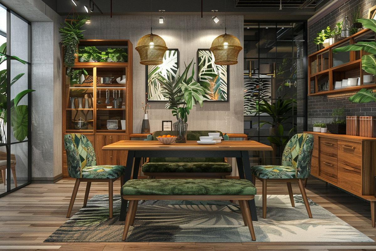 Contemporary 3-Seater Wood And Green Dining Room Design With Patterned Leafy Bench