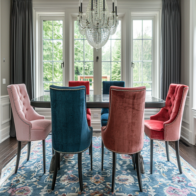 Modern Dining Room Design With Teal Blue And Pink Chairs