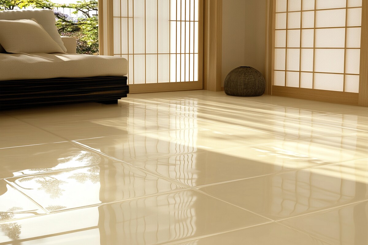 Cream-Coloured Floor Tiles Design With A Glossy Finish Cream-Coloured Floor Tiles Design With A Glossy Finish