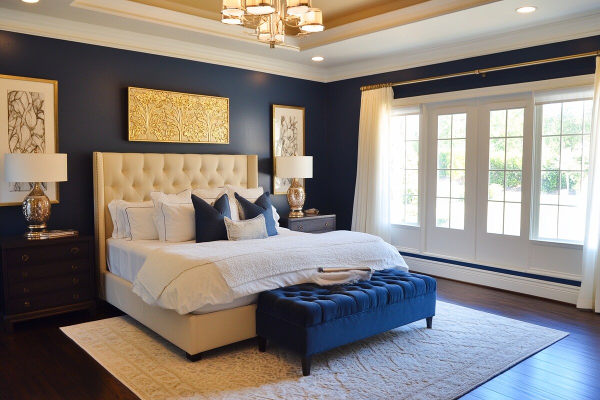 Modern Blue And White Master Bedroom Design With Gold Floral Wall Decor