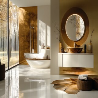 Contemporary White-Gold And Brown Bathroom Design With Round Mirror