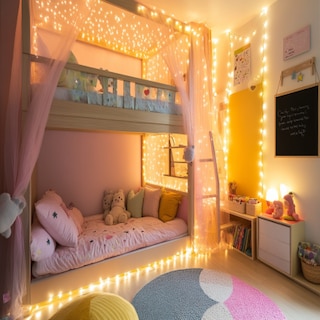 Contemporary Kids Bedroom Design With Bunk Bed and Fairy Lights