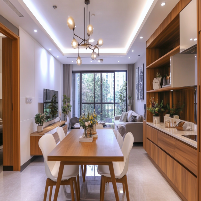 Classic 4-Seater Wooden Dining Room Design With White High Chairs And Integrated Living Room