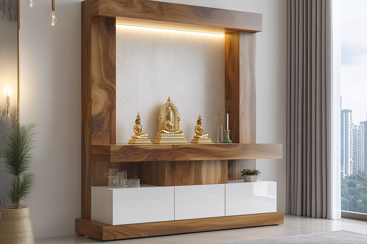 Acacia and White Modern Floor-Mounted Pooja Unit Design