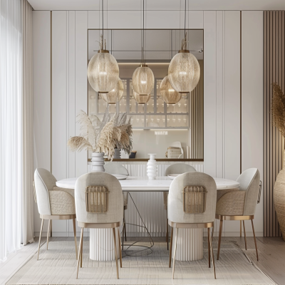 Modern White And Beige 6-Seater Dining Room Design With Mirrored Wall Panel