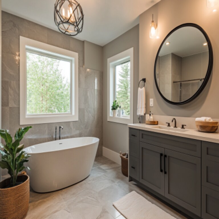 Contemporary Grey And Beige Bathroom Design With Circular Mirror