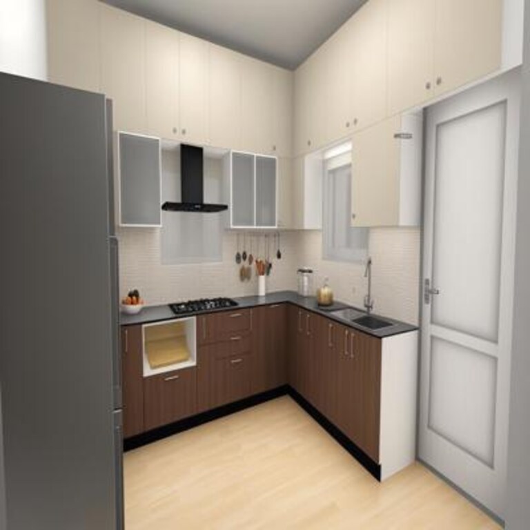 Contemporary Wood and Ivory L Shaped Kitchen