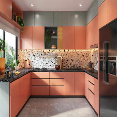Contemporary Modular Peach U-Shaped Kitchen Cabinet Design With Black Quartz Countertop