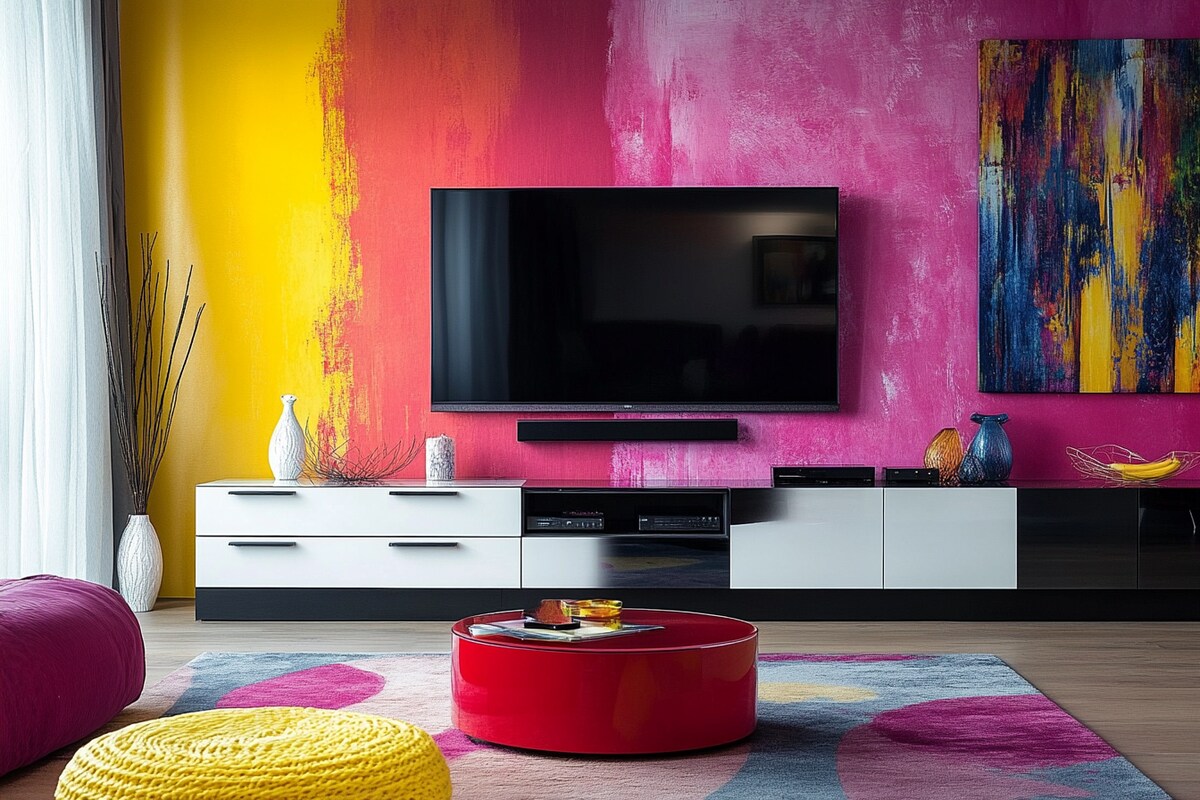 Modern TV Unit Design with High Gloss Drawers and Accent Wallpaper