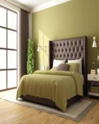 Green Master Bedroom Design with Wooden Flooring