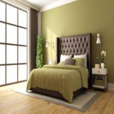 Green Master Bedroom Design with Wooden Flooring