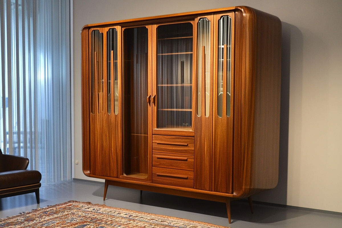 Mid-Century Modern 5-Door Wooden Swing Wardrobe Design With Glass Shutters