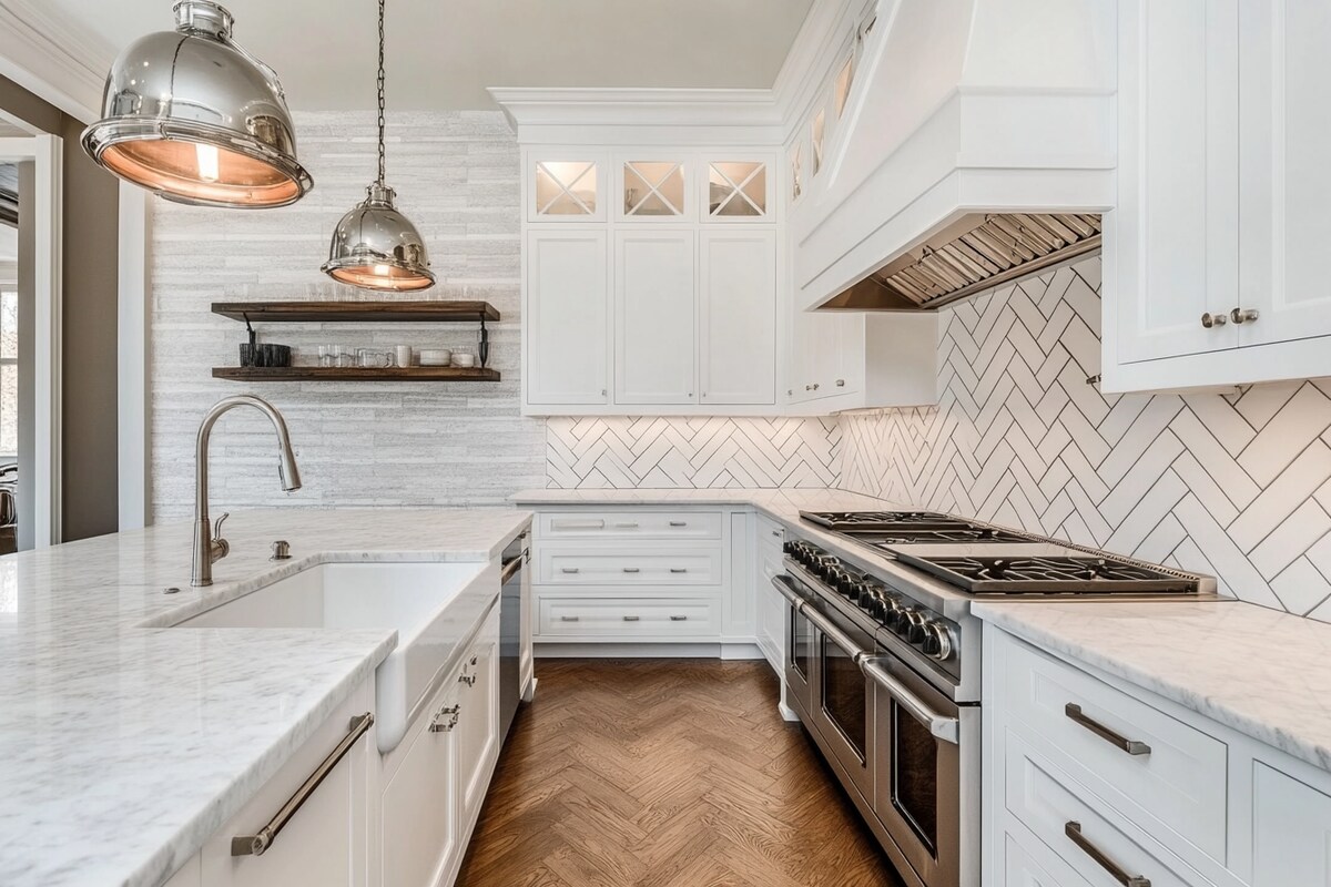 Modern White Ceramic Kitchen Tile Design With a Herringbone Pattern