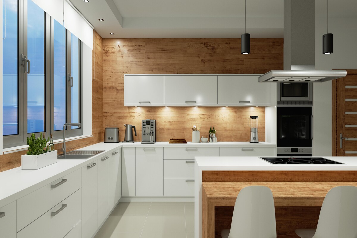 L-shaped Modular Kitchen with Mixed Textures L-shaped Modular Kitchen with Mixed Textures