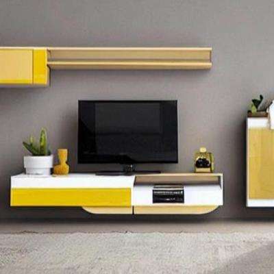 Modern TV Unit Design in Beige and Yellow Laminate