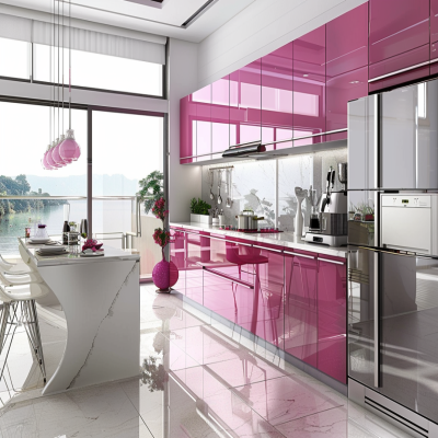 Modern Rose Geranium And White Modular Parallel Kitchen Design