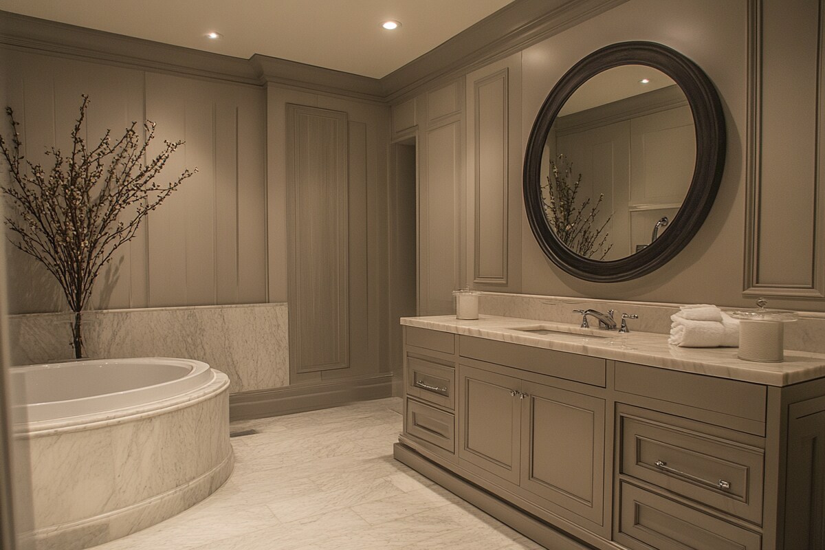 Contemporary Grey And Beige Small Bathroom Design With Circular Mirror