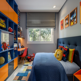 Modern Multicoloured Boys Room Design With Blue Headboard Bed