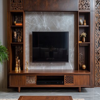 Indian Traditional TV Unit Design with Wooden and Marble Panel