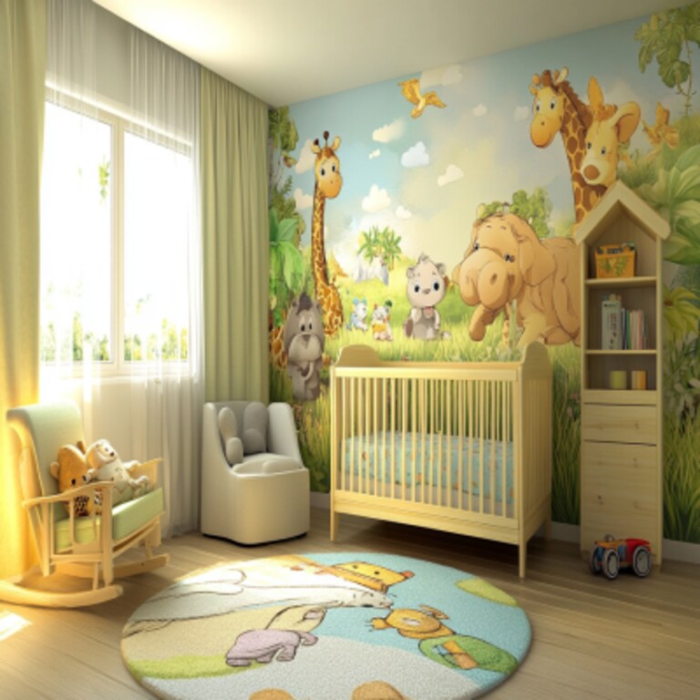 Modern Nursery Kids Bedroom Design With Cartoon Wallpaper