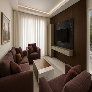 Warm Modern Living Room Design with Wooden TV Wall and Deep Seating