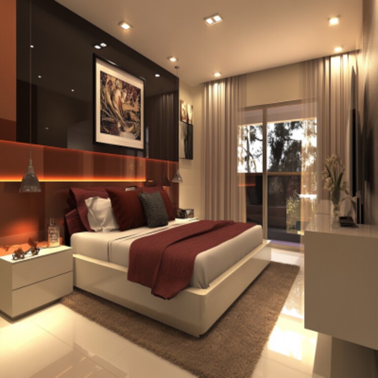 Modern Master Bedroom Design With Dark Glossy Accent Wall And Copper-Toned Panelling