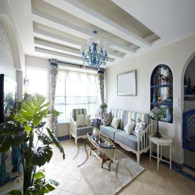 Blue and White Mediterranean Living Room