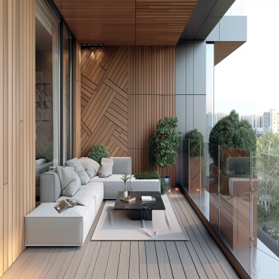 Modern Balcony Design With Floor-To-Ceiling Wooden Geometric Panelling And Light Grey Flooring