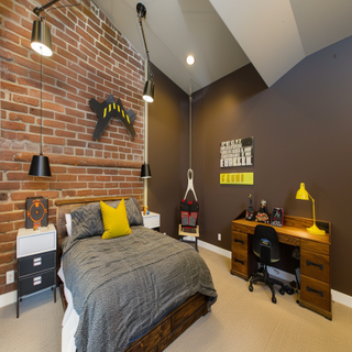 Industrial Boys Room Design With Brown Brick Accent Wall