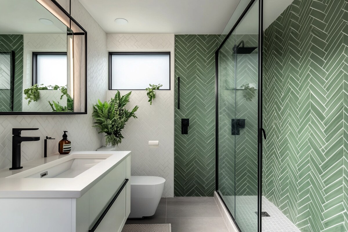 Contemporary Green And White Bathroom Tile Design With Herringbone And Geometric Tile Pattern Contemporary Green And White Bathroom Tile Design With Herringbone And Geometric Tile Pattern