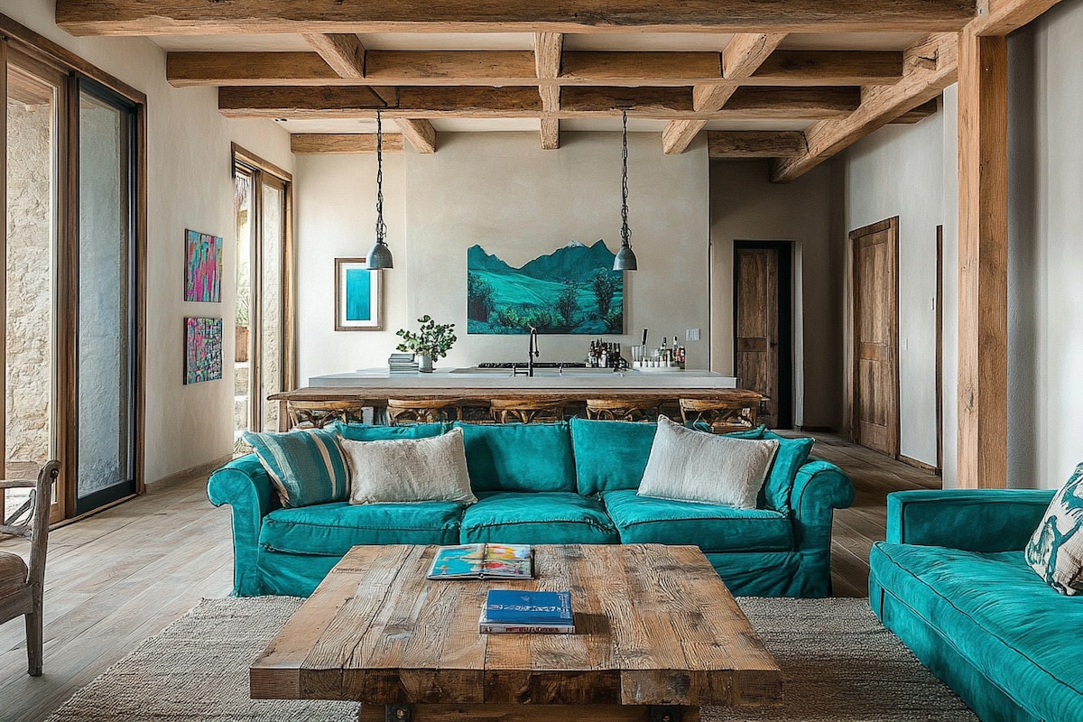 Rustic Living Room Design With Turquoise Sofa and Coffee Table