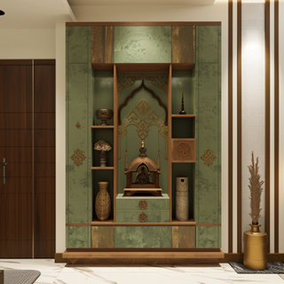 Contemporary Mandir Design With Wooden 4-Door Cabinet Storage