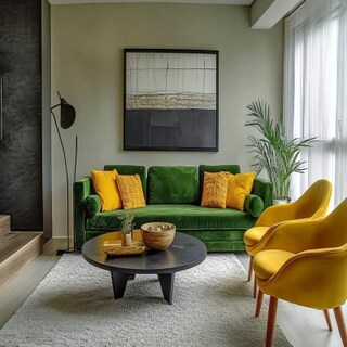 Modern Living Room Design With Green Sofa And Yellow Accent Chair