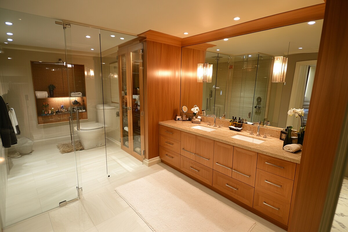 Modern Bathroom Design with Glass Partition and Storage Vanity