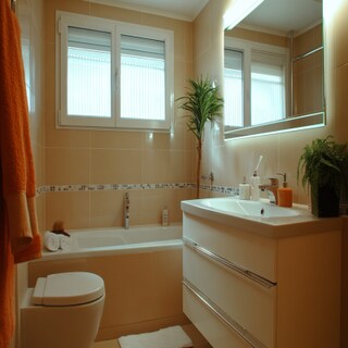 Contemporary Light Brown Bathroom Design With White Vanity Unit