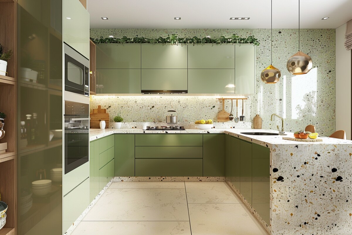 Modern Modular Open U Shaped Kitchen Design With Terrazzo Countertop