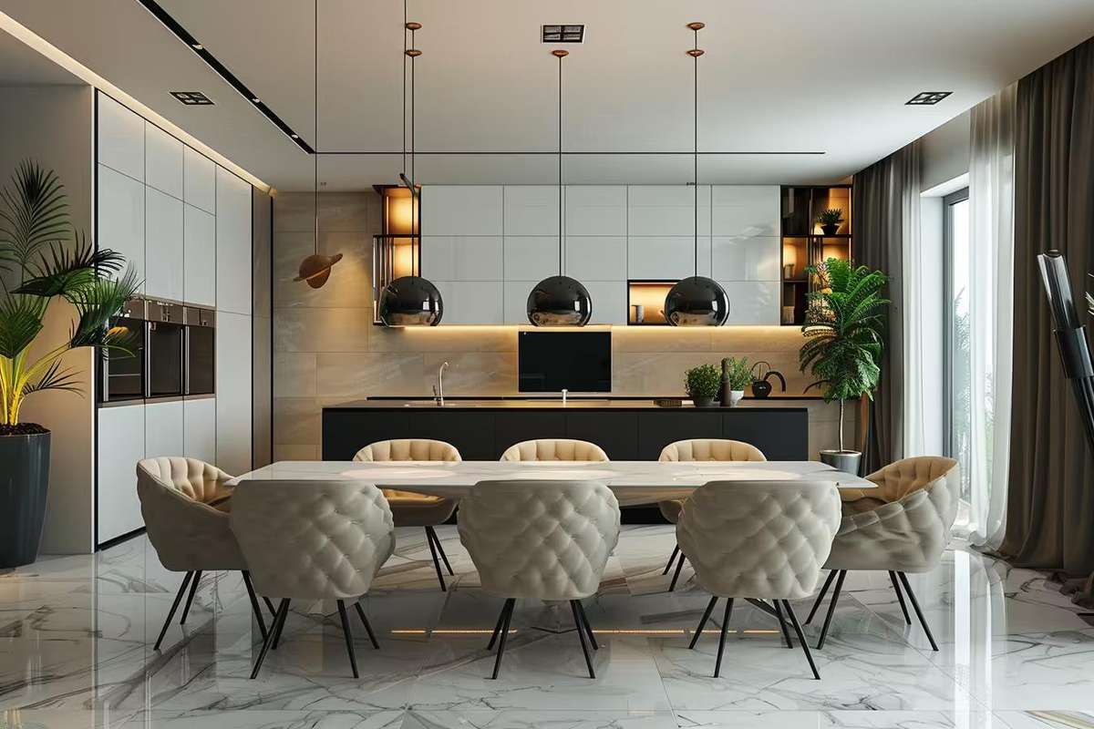 Contemporary Dining Room Design With White Crockery Unit